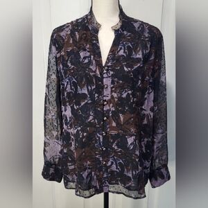 Coldwater Creek Purple/Brown Pintuck Long Sleeve Sheer Blouse Size 14-16
